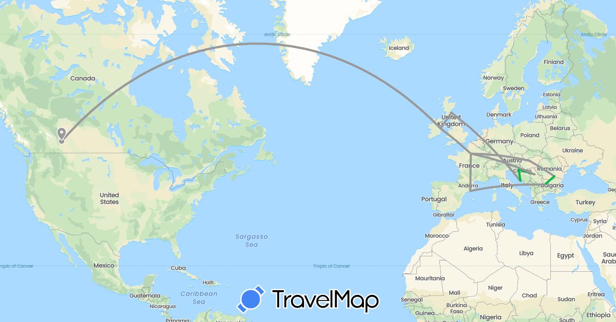 TravelMap itinerary: bus, plane in Bulgaria, Canada, Spain, France, Croatia, Hungary, Ireland, Romania, Serbia (Europe, North America)